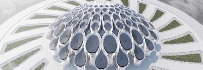 aerial rendering of pavilion made of rounded columns