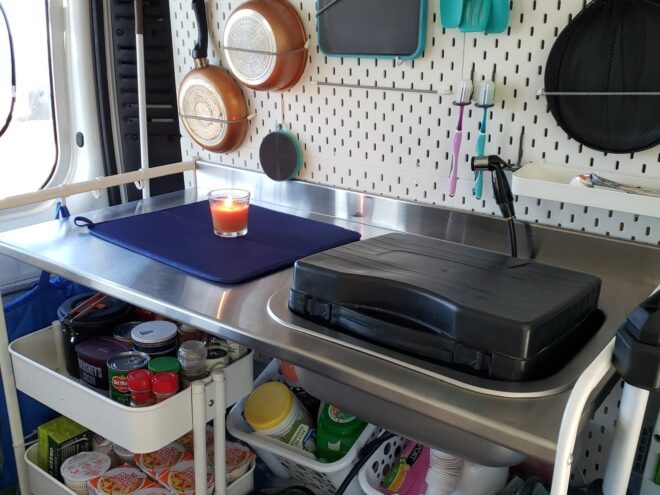 interior space of converted van, a small cooking area