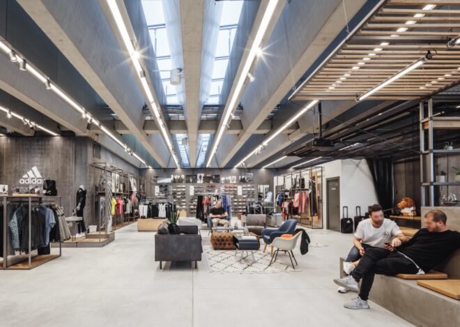 clothing store with sportswear on racks