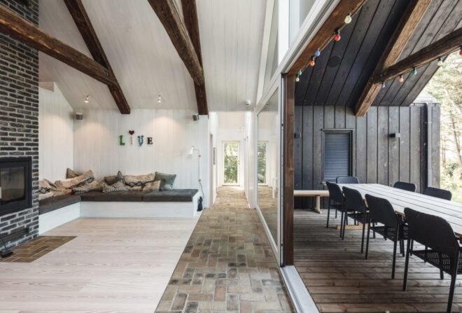 interior of cabin with large dining table