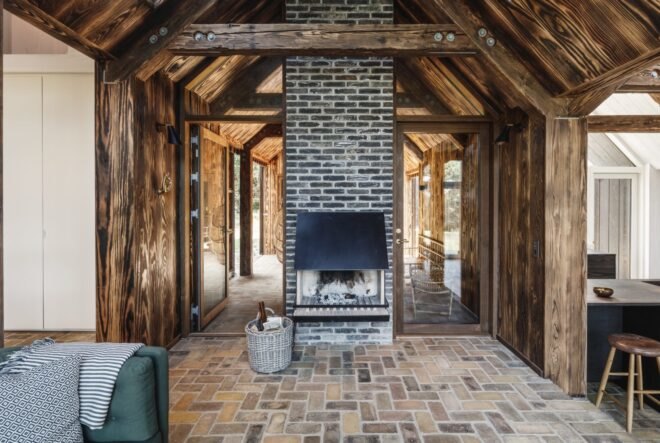 interior of cabin with fireplace