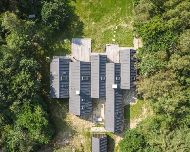 aerial shot of elongated cabins