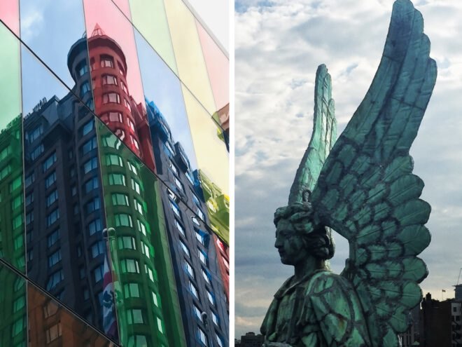 on the left is an image of a building reflection in multicolored glass panels, and to the right is an image of an angel statue from Notre Dame Basilica
