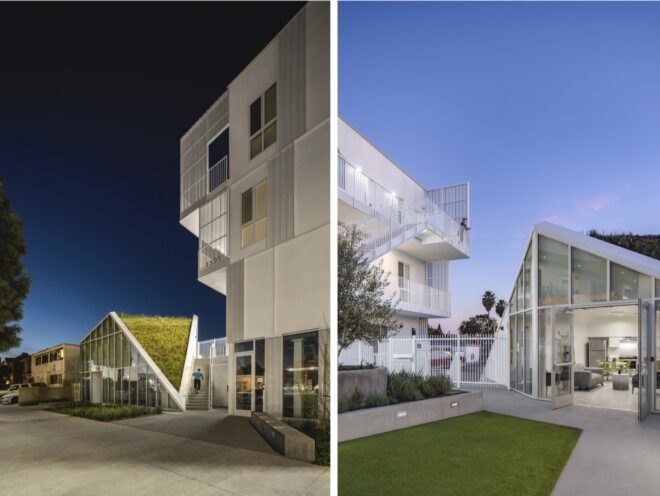 the image on the left shows a nighttime view of the housing project, a tall white building and a structure with a green rooftop space that trails down the side of the building. the image to the right, shows a green lawn in front of two white buildings, the building to the right has floor-to-ceiling windows