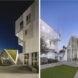 the image on the left shows a nighttime view of the housing project, a tall white building and a structure with a green rooftop space that trails down the side of the building. the image to the right, shows a green lawn in front of two white buildings, the building to the right has floor-to-ceiling windows