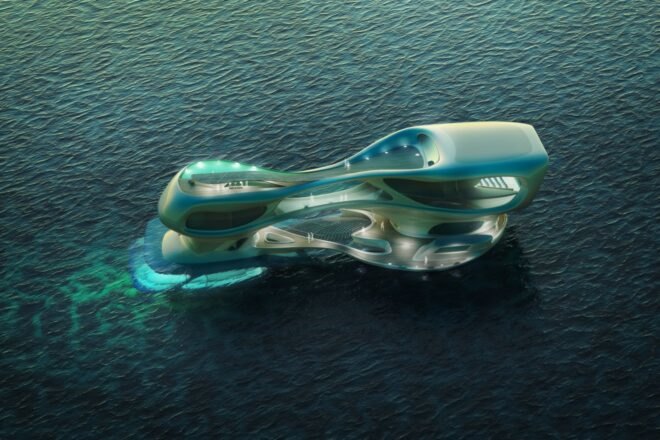 aerial rendering of curvy glowing building on the ocean