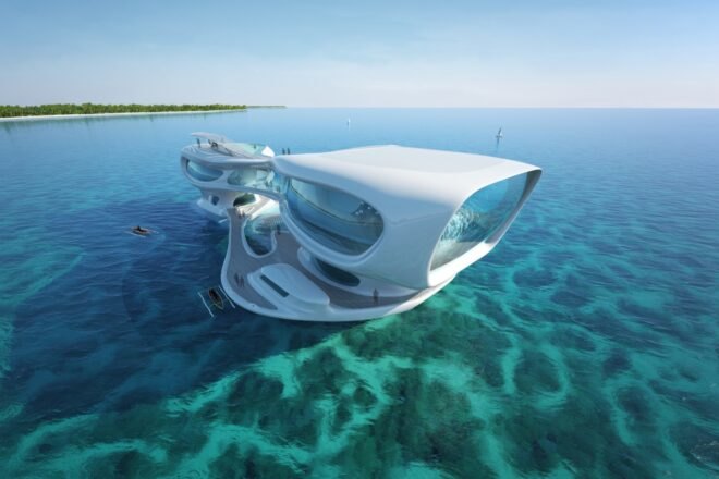 curving white building on water