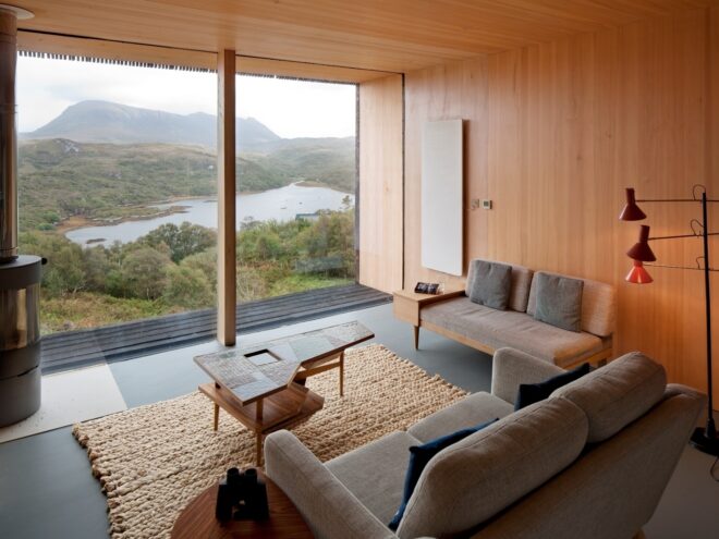 interior living space with large glass walls