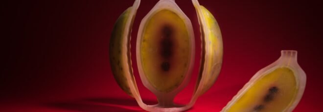 round, layered 3D-printed fruit resembling passion fruit