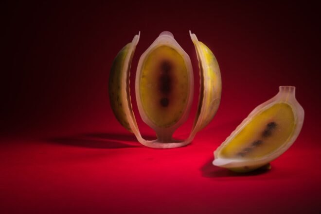 round, layered 3D-printed fruit resembling passion fruit