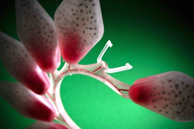 3D-printed stem with pink and white fruit pods