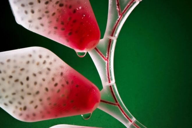 close-up of 3D-printed stem with pink and white fruit pods