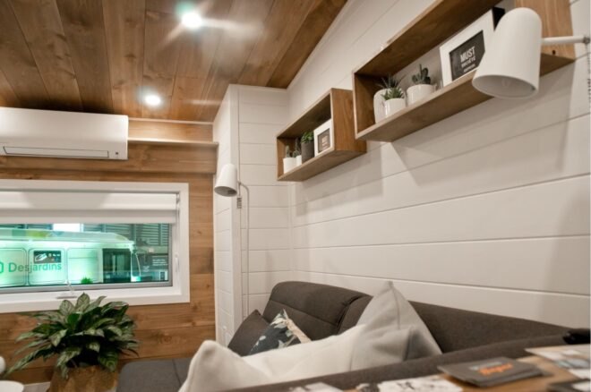 tiny home interior with shiplap walls