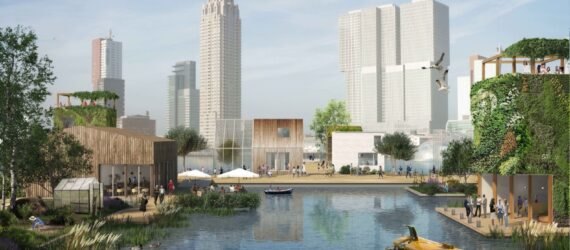 rendering of city buildings around water