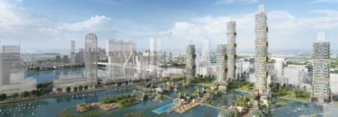 rendering of city buildings around water