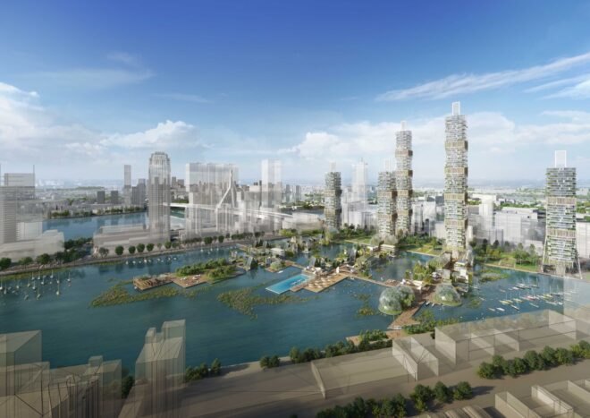 rendering of greenery and skyscrapers around water
