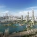 rendering of greenery and skyscrapers around water