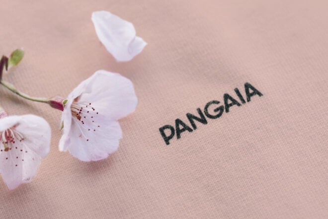 cherry blossom on a pink shirt that reads, "Pangaia"