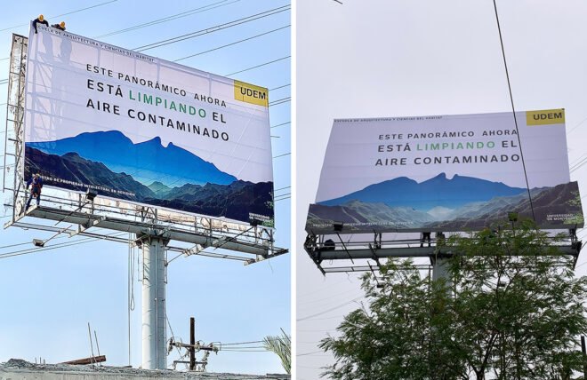 air-purifying billboard with image of mountains