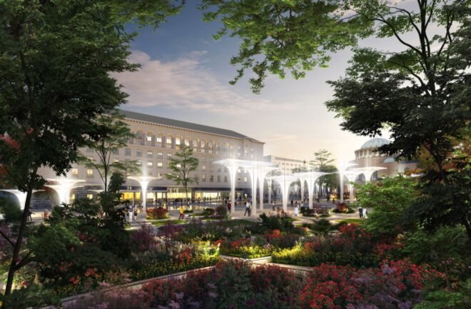 rendering of tall, sculptural lights