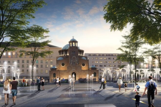 rendering of sculptural lights in front of ancient building