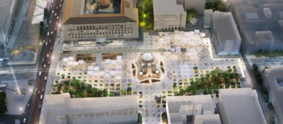 aerial rendering of city square covered in clear solar panels