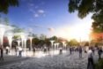 rendering of people walking around sculptural lights