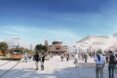 rendering of sculptures in a city square
