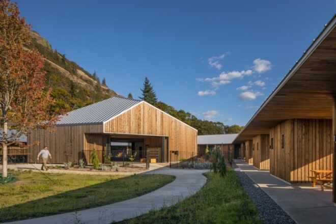 sidewalks connecting wood cabins