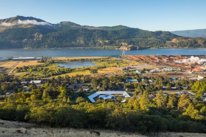 aerial view of hotel and cabins in Columbia River Gorge area