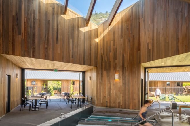 wood-lined, covered pool area