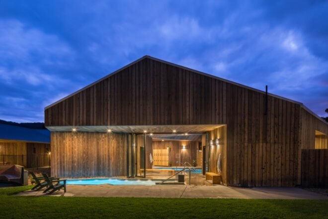 pool outside a wood cabin