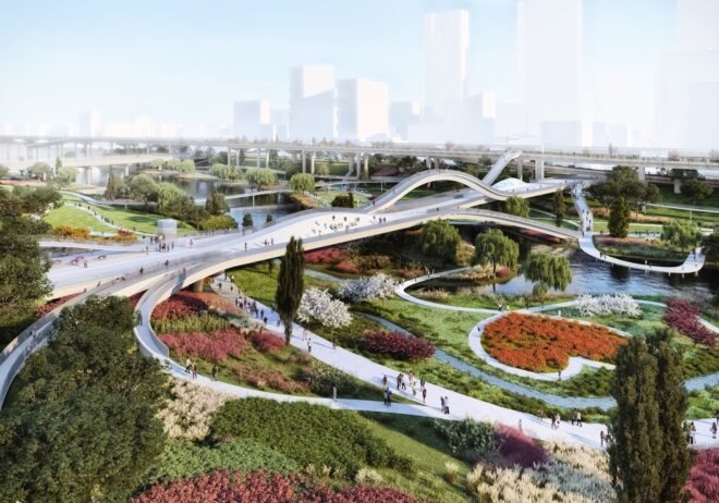 rendering of wavy pedestrian bridges in Seoul