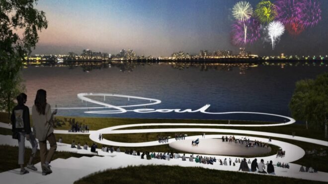 waterfront with walking path that spells out "Seoul"