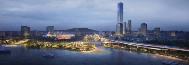 rendering of pathways in a city all lit up at night