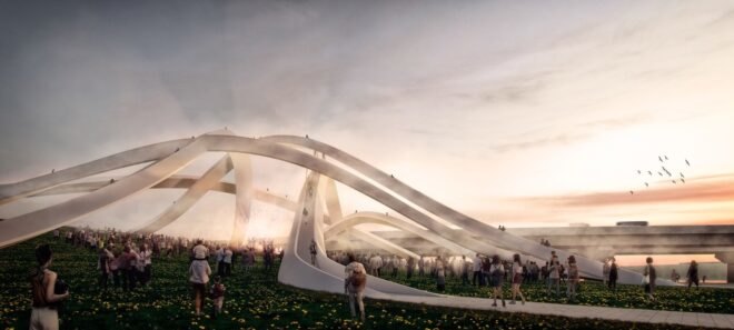 rendering of people walking to hilly walking paths