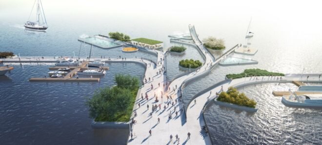 rendering of walking paths sprawled across water