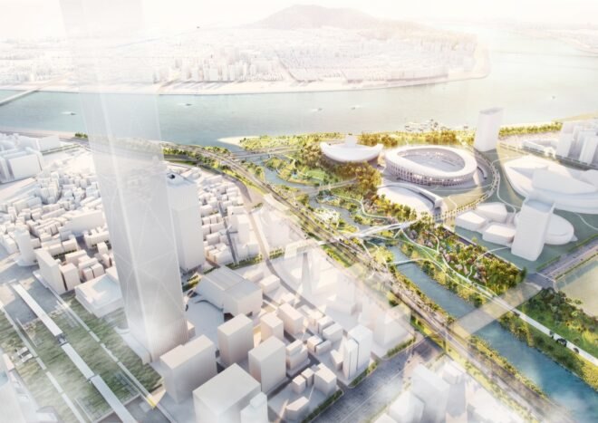 rendering of walking paths between buildings and over a river in Seoul
