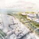 rendering of walking paths between buildings and over a river in Seoul