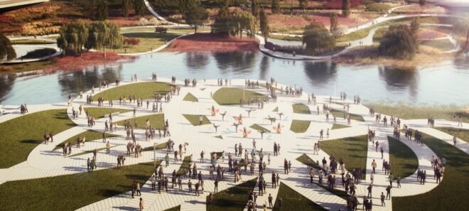 rendering of winding pathways and green space