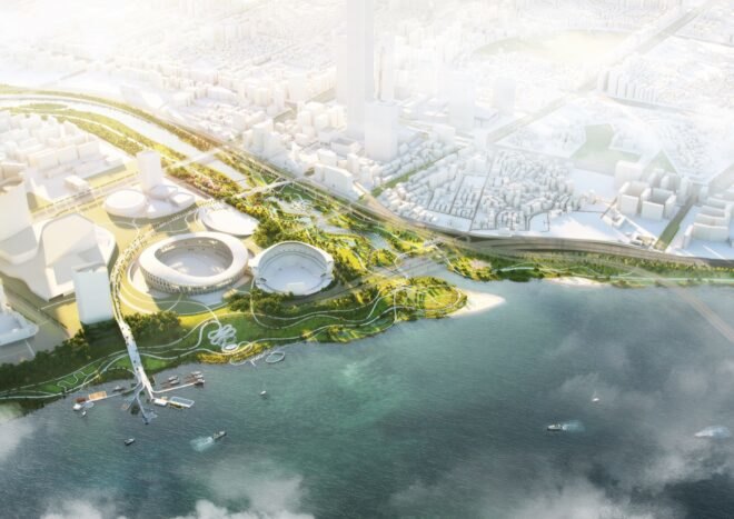 aerial rendering of pedestrian paths near waterfront in Seoul