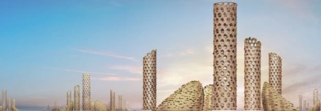 rendering of city with several skyscrapers