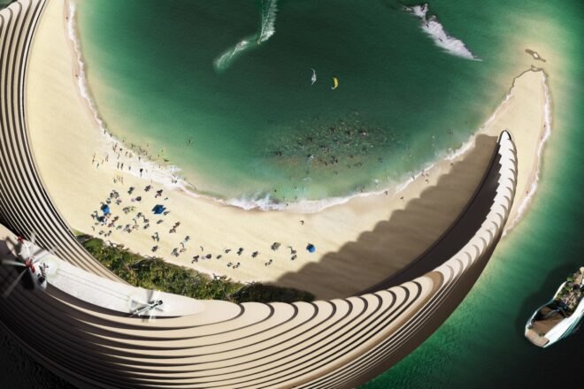 aerial rendering of skyscraper with a beach