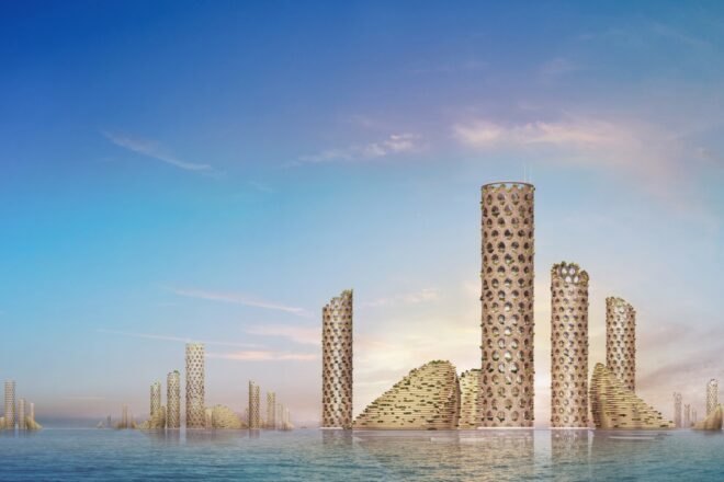 rendering of city with several skyscrapers