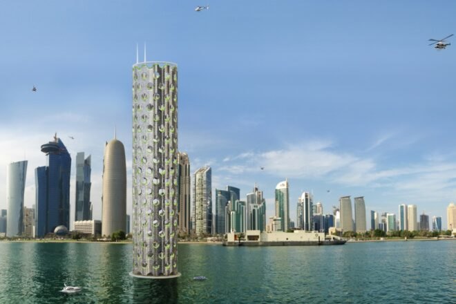 rendering of skyscraper in a city