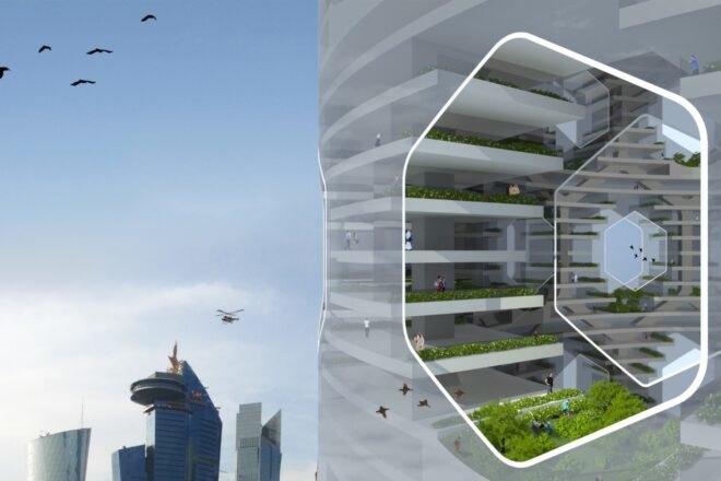 rendering of green space in opening on a skyscraper