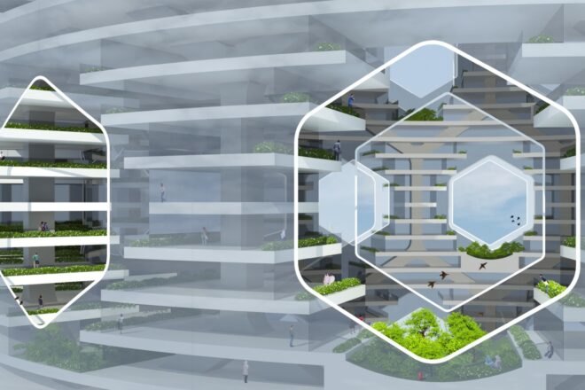 rendering of greenery-filled openings in a skyscraper