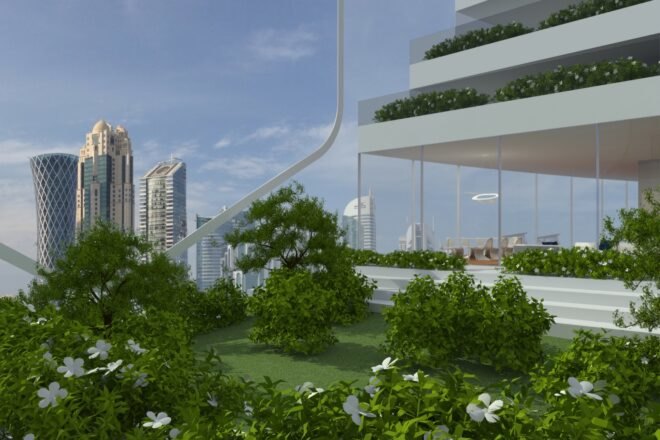 rendering of public garden on side of a skyscraper