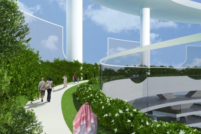 rendering of people walking through garden