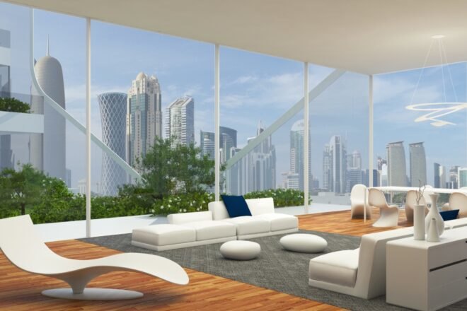 rendering of lounge area with city views